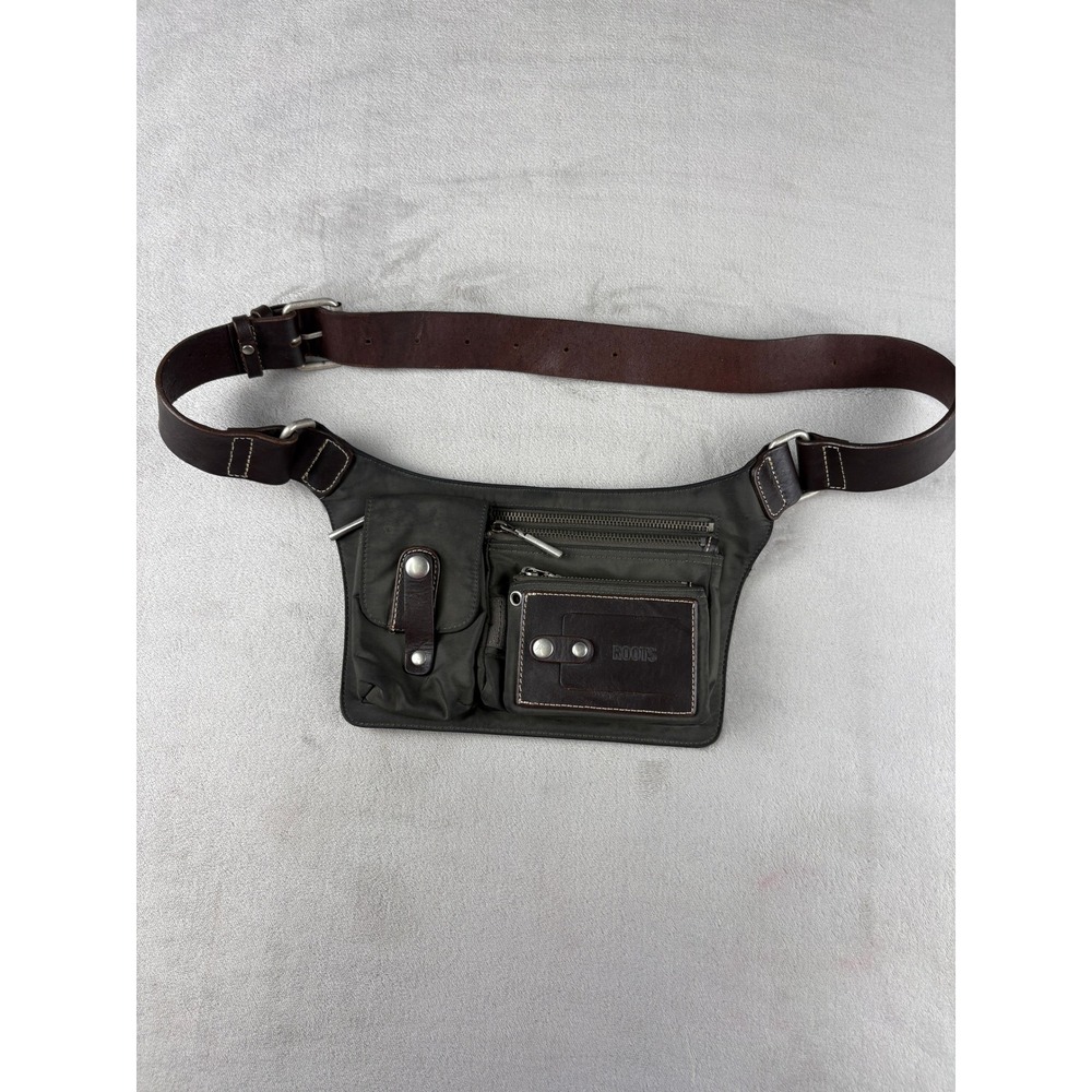 Roots Mens Utility Waist Bag Olive Green Nylon Brown Leather Belt Pouch